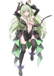 arms_up blush blush breasts_out chika_hakozaki green_hair kneesocks loose_clothes neptunia_(series) nipples pinup pose xueli_shimazaki