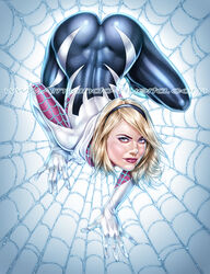 1girls actress armando_huerta ass big_ass blonde_hair blue_eyes bodysuit celebrity clothes clothing costume dat_ass emma_stone female female_only gwen_stacy hairband hood human human_only large_ass light-skinned_female light_skin looking_at_viewer marvel solo spider-gwen spider-man_(series) spider-woman_by_milo_manara spider_web the_amazing_spider-man_(film) watermark