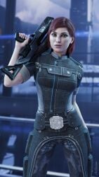 3d aw-gazzam blender blender_(software) femshep gun jane_shepard mass_effect pinup red_hair solo solo_female white_body
