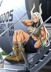 airplane boots female mirko miruko muscles my_hero_academia rumi_usagiyama smile usagiyama_rumi