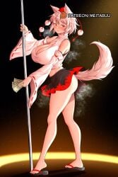 ai_generated alternate_breast_size animal_ears ass blush breasts cleavage closed_mouth collarbone curvy dairi detached_sleeves female from_side full_body hat holding_money huge_ass huge_breasts inubashiri_momiji large_breasts large_variant_set leaf_print lips looking_at_viewer maple_leaf_print meitabuu pole_dancing pom_pom_(clothes) red_eyes sandals short_hair skirt smile solo standing steaming_body stripper sweat tail thick_thighs thighs turtleneck veins white_hair wolf_ears wolf_girl