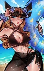 beach bikini black_bikini blonde_hair busty cleavage innertube light-skinned_female light_skin magik_(illyana_rasputin) magik_(marvel_rivals) marvel marvel_rivals mutant poposhirat sarong sunglasses swimsuit
