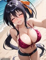 ai_generated akeno_himejima bangs bare_shoulders beach bikini black_hair blush breasts cleavage closed_eyes collarbone day denim denim_shorts female frills front-tie_top hair_between_eyes hair_ribbon high_resolution high_school_dxd highres large_breasts long_hair navel ocean outdoors ponytail red_bikini ribbon sand selfie short_shorts shorts sidelocks smile solo stable_diffusion swimsuit thighs very_long_hair waifuscans418