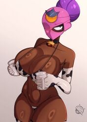bikini blush brawl_stars breasts choker cow_print cow_print_bikini cowbell_collar curvy curvy_female dark-skinned_female dark_skin elbow_gloves female female_only hourglass_figure hourglass_figured_female large_breasts looking_away mask masked masked_female milk milk_bottle purple_hair shy solo solo_female supercell tara_(brawl_stars) thick_thighs thighhighs tr_yithaz voluptuous voluptuous_female