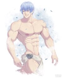 1boy abs artist_name bara blue_hair bulge dated himmel_(sousou_no_frieren) male male_focus male_only muscular muscular_arms muscular_chest muscular_male nipples pecs pectorals petals simple_background solo solo_male sousou_no_frieren text thighs wardgaya