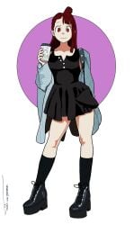1girls akko_kagari artist_signature atsuko_kagari black_dress brown_hair coffee ironsiderodger kneehighs light-skinned_female light_skin little_witch_academia platform_heels red_eyes short_dress