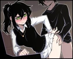 1boy andrew_graves bent_over black_hair black_sweater black_vest blush breasts clenched_hand closed_mouth clothed_sex collared_shirt cowboy_shot double-parted_bangs embarrassed female grabbing_another's_ass green_eyes groping hair_between_eyes head_out_of_frame implied_sex incest jewelry long_sleeves looking_back mature_eyes mature_female medium_breasts medium_hair miniskirt mother_and_son necklace panty_straps pleated_skirt ponytail renee_graves sex sex_from_behind shirt skirt solo_focus standing standing_sex straight sweatdrop sweater the_coffin_of_andy_and_leyley vest waero white_shirt white_skirt wing_collar wrinkled_skin