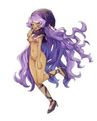 breasts_out commission dark-skinned_female fantasy_life female hat heels long_hair naked_female neckwear niyuyu noelia noelia_(fantasy_life) nude nude_female pose purple_hair smug witch_hat