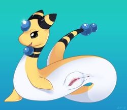 2018 ampharos anus black_body black_ears black_markings black_stripes black_tail blue_background blue_gem blue_tail_tip clitoris digital_media_(artwork) dipstick_tail dragonair eyelashes fan_character female feral gem generation_1_pokemon generation_2_pokemon genitals glimmer_(fyoshi) gradient_background green_background hi_res hybrid long_tail looking_at_viewer markings multicolored_body multicolored_ears multicolored_tail nintendo open_mouth pink_clitoris pink_vulva pokemon pokemon_(species) presenting presenting_vulva red_tongue signature simple_background slimefur smile smiling_at_viewer solo striped_body striped_markings striped_tail stripes tail tail_markings tongue two_tone_ears vulva white_body white_tail yellow_body yellow_ears yellow_tail