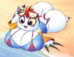 anthro ass bandai_namco beach big_breasts big_butt bikini breasts clothing digimon digimon_(species) eyewear eyewear_on_head female gomamon hi_res huztar lying mammal marine pinniped sand seaside solo sunglasses swimwear translucent translucent_clothing two-piece_swimsuit