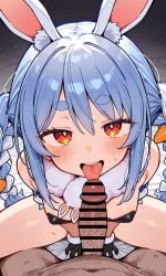 1boy ai-generated animal_ears bar_censor blue_hair blush braid buno carrot_hair_ornament censored don-chan_(usada_pekora) fellatio female food-themed_hair_ornament hair_ornament highres hololive looking_at_viewer nude oral penis rabbit_ears rabbit_girl red_eyes smile solo solo_focus straight sweat teeth thick_eyebrows tongue tongue_out usada_pekora virtual_youtuber