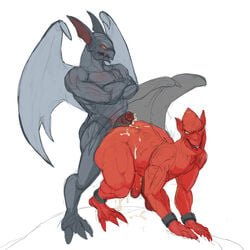 anal anal_sex arma_(demon's_crest) ass balls biceps boner claws cum cum_in_ass cum_inside cum_on_ass custapple demon demon's_crest erection firebrand male male_only mammal muscles nude open_mouth orgasm penetration penis red_aremer red_arremer red_skin sex teeth tongue wings yaoi