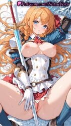 1girls 2025 ahoge ai_generated bangs blue_eyes blue_socks blush braid breasts breasts_out clothing cover_page female female_only gloves hi_res highres large_breasts long_hair looking_at_viewer lying natsuyoru nipples no_panties on_back orange_hair parted_lips patreon pecorine pecorine_(princess_connect!) princess_connect! princess_connect!_re:dive pussy shaved_vagina socks solo spread_legs sword thighs tiara uncensored vagina voluptuous voluptuous_female weapon white_gloves