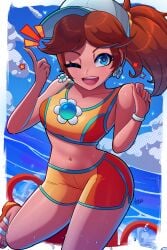 1girls artist_signature axlhearts blue_eyes brown_hair earrings light-skinned_female light_skin mario_(series) nintendo orange_nails painted_nails ponytail princess_daisy sandals short_shorts shorts wink