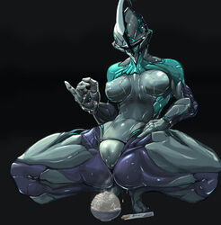 1girls alien alien_girl bodysuit cameltoe female female_only food ninja no_nipples nyx_(warframe) solo thick_thighs warframe wide_hips xelvy