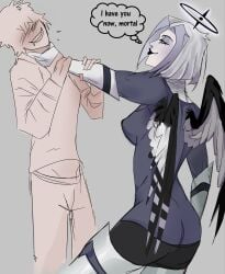 angel angel_girl angel_wings anon artist_request ass black_lipstick flustered hazbin_hotel holding_head human human_male lifting_person lute_(hazbin_hotel) pleasured_face smile smirk smug thighs white_hair yandere