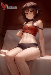 1girls 2d ai_generated ass back bare_shoulders barefoot big_ass bra brown_hair collar erophoenix female female_focus full_body kono_subarashii_sekai_ni_shukufuku_wo long_hair looking_at_viewer megumin pale_skin pale_skinned_female panties patreon_username red_eyes short_hair sitting small_breasts smile soles solo thick thick_thighs uncensored underwear