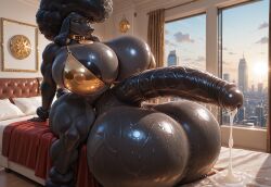 afro ai_generated anthro balls black_body black_fur black_hair breasts city_background futanari gideon_(style) green_eyes hotel_room huge_breasts hyper hyper_balls hyper_penis intersex leaking_cum leather_collar medallion muscular muscular_anthro muscular_futa penis poodle round_breasts silenteye solo_anthro solo_futa sunlight veiny_penis window