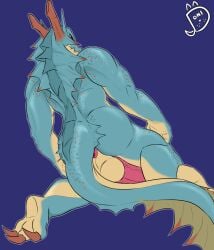 absurd_res anthro anus balls capcom claws dark_sclera donisette dragon fin frill_(anatomy) genitals grinning_at_viewer hi_res horn lagiacrus leviathan_(mh) looking_back male marine monster_hunter multicolored_body mythological_creature mythological_scalie mythology nude penis scales scalie simple_background solo tail tail_fin two_tone_body