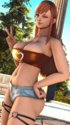 1girls 3d auburn_hair blue_eyes bubble_butt dreaming_oracle female final_fantasy_xiv gpose(ffxiv) perky_breasts ryne_waters shiny_skin short_shorts slightly_chubby tagme teenager thick_thighs tubetop v_sign voluptuous wink