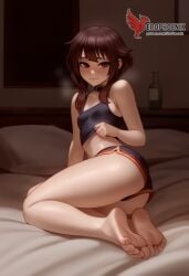 1girls 2d ai_generated ass back bare_shoulders barefoot big_ass bra brown_hair collar erophoenix female female_focus full_body kono_subarashii_sekai_ni_shukufuku_wo long_hair looking_at_viewer megumin pale_skin pale_skinned_female panties patreon_username red_eyes short_hair sitting small_breasts smile soles solo thick thick_thighs uncensored underwear