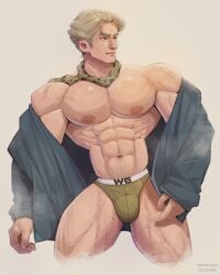 1boy abs artist_name bara bulge dated jujutsu_kaisen kento_nanami male male_focus male_only muscular muscular_arms muscular_chest muscular_male nipples pecs pectorals simple_background solo solo_male text thighs tie underwear wardgaya