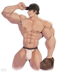 1boy abs artist_name bara baseball_cap baseball_glove bulge dated hat male male_focus male_only muscular muscular_arms muscular_chest muscular_male navel nipples pecs pectorals simple_background solo solo_male text thighs wardgaya