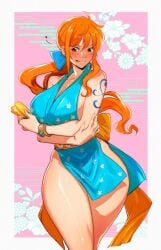 1girls big_breasts bracelet brown_eyes busty hips kukumomo light-skinned_female light_skin nami_(one_piece) one_piece orange_hair tattoo thick_thighs thighs