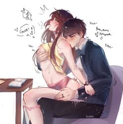 1boy1girl biting biting_shoulder black_pants blush blush_lines breasts brown_hair caleb_(love_and_deep_space) ellbisu green_eyes holding_breast jean_jacket long_hair love_and_deep_space moaning on_chair panties_down pink_panties protagonist_(love_and_deep_space) reverse_cowgirl_position straight_hair tears turtleneck woman_on_top