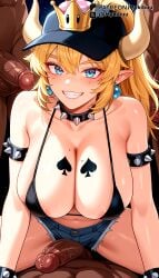 3boys 4boys ai_generated areola_slip armlet balls bare_shoulders baseball_cap bikini bikini_top_only black_bikini black_collar black_headwear blonde_hair blue_eyes blue_shorts blush bowsette bracelet breasts cleavage collar collarbone cowgirl_position crown cutoffs dark-skinned_male dark_skin denim denim_shorts earrings erection female freckles gangbang grin group_sex hair_between_eyes hat horns horns_through_headwear interracial jewelry large_breasts large_penis long_hair looking_at_viewer male mario_(series) mole mole_on_breast multiple_boys mykibuu navel new_super_mario_bros._u_deluxe nude penis pointy_ears ponytail pov precum queen_of_spades sharp_teeth short_shorts shorts smile solo_focus spade spade_(shape) spade_tattoo spiked_armlet spiked_bracelet spiked_collar spikes straddling straight super_crown swimsuit teeth testicles uncensored veins veiny_penis