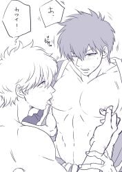 2boys big_pecs blush gay gintama gintoki_sakata hijikata_toshiro kimono licking_male_nipple licking_nipples monochrome nipple_licking nipple_suck nipple_tweak open_kimono pecs sucking_nipples tears toned toned_male yaoi