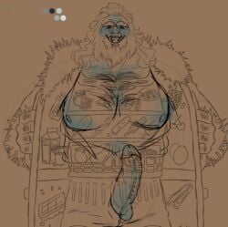bara blush bushy_eyebrows curly_hair date_everything freddy_yeti fridge hairy hairy_armpits hairy_chest hairy_male hard_on holding_body long_hair monster offering offering_to_viewer smile smile_at_viewer yeti