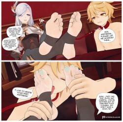 3d aether_(genshin_impact) blue_toenails dominant dominant_female domination erenart48 feet femdom foot_fetish foot_focus foot_lick foot_play foot_worship genshin_impact leash licking licking_foot shenhe_(genshin_impact) slave slave_collar soles stirrup_legwear stirrup_stockings submissive_male tagme text toenail_polish toenails toes tongue tongue_out