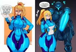2025 absurd_res ai_generated anthro balls big_balls big_breasts big_penis blonde_hair blue_eyes bodysuit breasts clothed clothing dark_samus dialogue duo english_text erection female genitals hair hand_on_hip heart hellsonger hi_res huge_cock human interspecies male mammal metroid nintendo nipple_outline open_mouth paper penis ponytail samus_aran skinsuit speech_bubble text thick_thighs tight_clothing vein veiny_penis wide_hips zero_suit