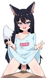 1boy absurdres animal_ears black_hair blue_shirt blush borrowed_character clothes_lift cowgirl_position double_v female fox_ears fox_girl fox_tail highres implied_sex long_hair looking_at_viewer male naked_shirt nipples off_shoulder original oversized_clothes oversized_shirt penis pov pov_crotch pruzhka_(wardi113) shirt shirt_lift simple_background single_off_shoulder smile straddling sweat tail tears v white_background