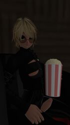 blonde_hair dark-skinned_femboy dark-skinned_male dark_skin erect_penis erection exhibitionism femboy functionally_nude glasses movie_theater popcorn public risky self_upload sitting solo solo_femboy solo_male vrcfemboy vrchat vrchat_avatar wink winking_at_viewer yellow_eyes