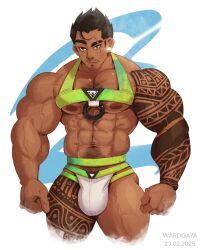 1boy abs artist_name bara black_hair bulge dated facial_hair male male_focus male_only muscular muscular_arms muscular_chest muscular_male nipples pecs pectorals simple_background solo solo_male tattoo text thighs wardgaya yaoi