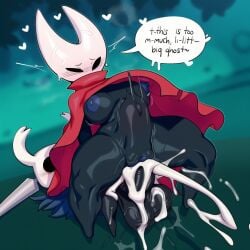 2025 absurd_res ai_generated anthro areola arthropod big_areola big_breasts big_nipples big_penis blush bodily_fluids breasts cloak clothed clothing cum cum_in_pussy cum_inside dialogue english_text fecharis female genital_fluids genitals heart hellsonger hi_res hollow_knight hornet_(hollow_knight) insects larger_female male male/female nipples penetration penis protagonist_(hollow_knight) pussy size_difference small_but_hung solo stomach_bulge team_cherry text vessel_(species) weapon