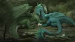 alrenna anus balls black_horn blue_body blue_scales dragon duo egg ezra_(maxderpy3d) family female feral genitals grass hi_res horn jadedragoness male male/female membrane_(anatomy) membranous_wings moody_lighting mythological_creature mythological_scalie mythology pink_anus pink_vulva plant purple_eyes scales scalie ventral_scales white_body white_scales wholesome wings