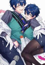 1boy aqua_eyes aqua_sweater_vest belt blue_hair blue_necktie blue_pants blush breasts brown_pantyhose cleavage coat collared_shirt condom cum cum_on_body dildo female gagake_v genderswap_(mtf) glasses gloves grey_belt grey_shirt highres hitachi_magic_wand large_breasts leos_vincent leos_vincent_(1st_costume) looking_at_viewer navel necktie nijisanji obliques off_shoulder open_clothes open_coat pants pantyhose pinstripe_pants pinstripe_pattern pinstripe_skirt print_shirt rule_63 sex_toy shirt simple_background smile sweat teeth tie_clip unfinished vibrator virtual_youtuber white_background white_coat white_gloves