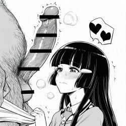 1boy 1girls ai_generated aoki_reika aquaberrymarine bar_censor big_penis black_and_white black_hair blush censor_bar censored closed_mouth clothed_female_nude_male female large_penis long_hair looking_at_penis male monochrome penis precure pretty_cure smile_precure spoken_heart steam sweat sweatdrop tearing_up tears underwear underwear_down