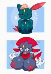 2025 ai_generated anthro areola big_breasts blush breast_expansion breasts closed_eyes disembodied_hand duo evolution female generation_2_pokemon generation_4_pokemon hellsonger hi_res huge_breasts nintendo nipples nude pokemon pokemon_(species) simple_background sneasel solo_focus surprise weavile