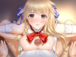 ane_to_princess_wa_kirawaretakunai areolae blonde_hair blush bowtie braid breast_squeeze breasts brown_eyes censored embarrassed female game_cg gloves highres large_breasts long_hair looking_at_viewer lying mosaic_censoring nipples open_clothes paizuri penis sano_toshihide single_braid solo_focus tears tied_hair