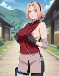 1girls ai_generated bare_shoulders big_breasts blush breast_grab breast_hold breast_lift breasts breasts_out clothed clothed_female clothing clothing_lift elbow_pads embarrassed female female_only fondling fondling_breast gloves head_out_of_frame light-skinned_female light_skin long_hair looking_away looking_to_the_side naruto naruto_(series) naruto_shippuden nipple_slip nipples no_bra one_breast_out open_clothes out_of_frame outdoors petite pink_hair pinup presenting presenting_breasts sakura_haruno self_fondle shirt shirt_lift skirt sleeveless sleeveless_shirt small_breasts solo solo_focus tank_top town unzipped upper_body village