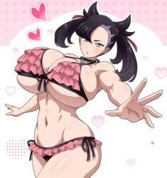 1girls aged_up big_breasts bikini black_hair breasts female female_only game_freak hitokiwa_kenchin huge_breasts light-skinned_female light_skin marnie_(pokemon) nintendo pink_bikini pokemon pokemon_swsh solo solo_female