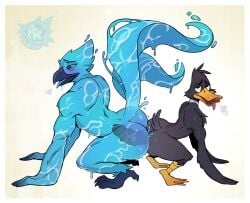 all_fours anal anal_sex anatid anseriform anthro anthro_on_anthro ass ass_to_ass avian avian_feet beak big_butt bird black_body black_feathers blue_body breath daffy_duck dildo dildo_in_ass dildo_insertion double_dildo duck duo elemental_creature european_mythology eyebrows feathers feet greek_mythology hi_res high-angle_view kolyan-artist larger_anthro larger_male looking_back looney_tunes luuklook male male/male mythological_avian mythological_bird mythological_creature mythological_firebird mythology nude object_in_ass panting penetration phoenix raised_tail sex_toy sex_toy_in_ass sex_toy_insertion simple_background size_difference smaller_anthro smaller_male tail toes tongue tongue_out warner_brothers water water_creature