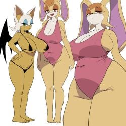 2girls anthro armpits bat bikini blue_eyes breasts chubby female floppy_ears furry hips huge_breasts rabbit rabbit_ears rabbit_humanoid rouge_the_bat seductive sega short_hair sonic_(series) standing swimsuit tan tan-skinned_female tanned_skin thick_thighs thighs vanilla_the_rabbit voluptuous wide_hips yuta_agc
