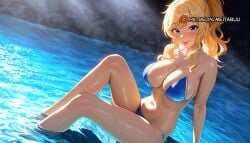 :> :p ai_generated arm_support bikini blonde_hair blue_eyes blush breasts cleavage closed_mouth female idolmaster_cinderella_girls knee_up large_breasts long_hair long_tongue looking_at_viewer meitabuu ohtsuki_yui ponytail sitting skin_tight smile soaking_feet solo swimsuit tongue tongue_out wet