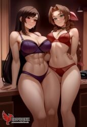 2d 2girls aerith_gainsborough ai_generated ass barefoot big_ass big_breasts blush bra couch dress erophoenix feet female female_focus final_fantasy final_fantasy_vii final_fantasy_vii_rebirth final_fantasy_vii_remake indoors jewelry large_breasts long_hair multiple_girls naked navel panties patreon_username purple_bra purple_panties red_bra red_eyes red_panties sitting small_breasts smile soles sweat sweating thick_thighs thighs tifa_lockhart underwear yuri yuri