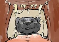 2012 anthro anthro_prey black_body black_fur black_nose bodily_fluids colored duo felid feral feral_pred fur guide_lines imminent_oral_vore imminent_vore jeri_kleinlowe larger_pred lion lips looking_into_mouth male male/male mammal mephitid mouth_shot open_mouth pantherine pink_tongue saliva saliva_string sharp_teeth size_difference skunk smile teeth tongue